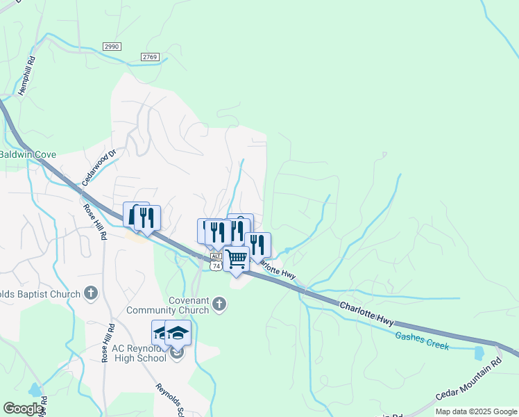map of restaurants, bars, coffee shops, grocery stores, and more near 100 Falling Leaf Lane in Asheville