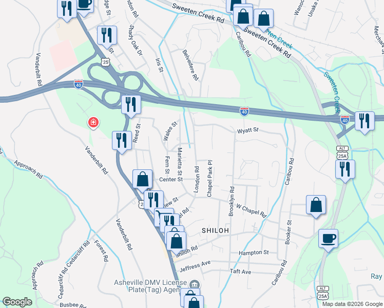 map of restaurants, bars, coffee shops, grocery stores, and more near 585 Marietta Street in Asheville