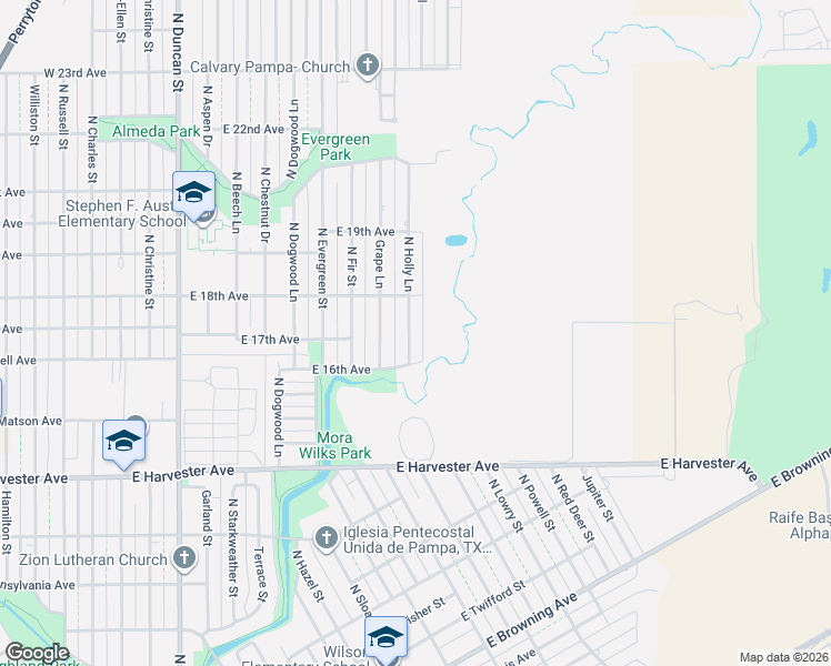 map of restaurants, bars, coffee shops, grocery stores, and more near 1711 North Holly Lane in Pampa
