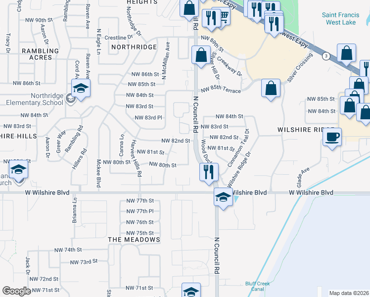 map of restaurants, bars, coffee shops, grocery stores, and more near 8123 Azalea Avenue in Oklahoma City