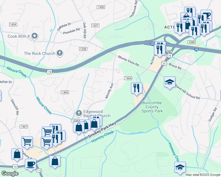 map of restaurants, bars, coffee shops, grocery stores, and more near 163 Moody Avenue in Candler