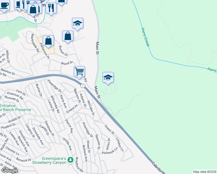 map of restaurants, bars, coffee shops, grocery stores, and more near 3223 Main Street in Cambria