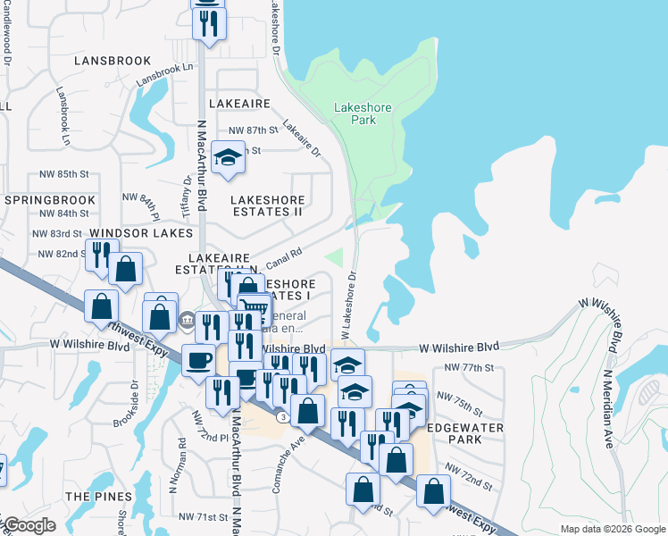 map of restaurants, bars, coffee shops, grocery stores, and more near 8112 W Lakeshore Dr in Oklahoma City