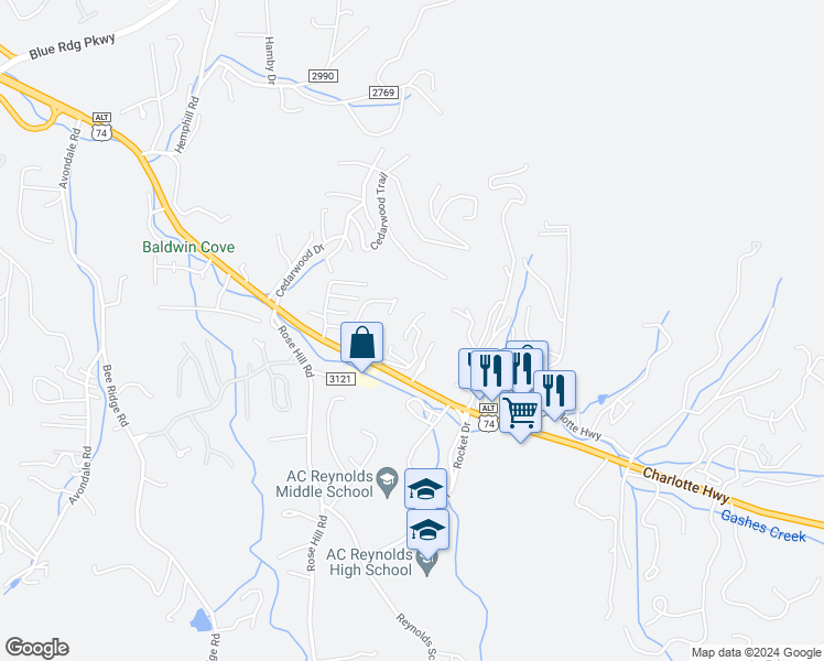 map of restaurants, bars, coffee shops, grocery stores, and more near 36 Winterwind Drive in Asheville