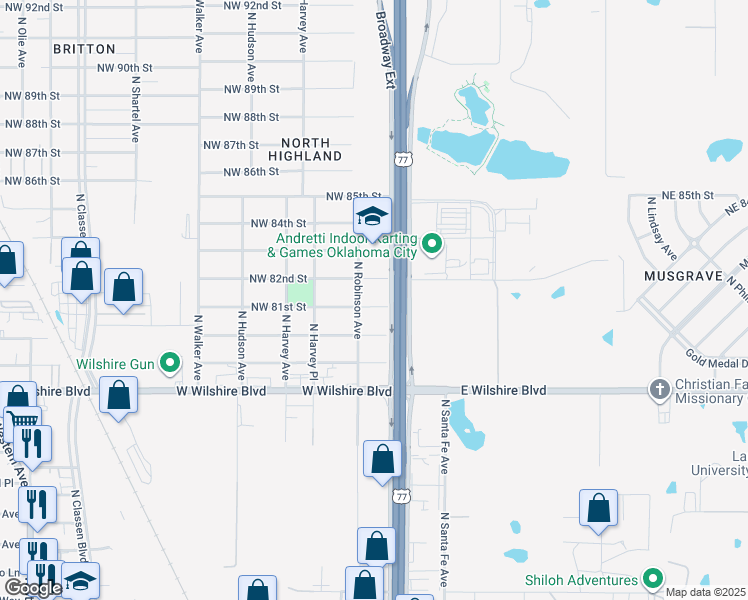 map of restaurants, bars, coffee shops, grocery stores, and more near 117 Northwest 81st Street in Oklahoma City
