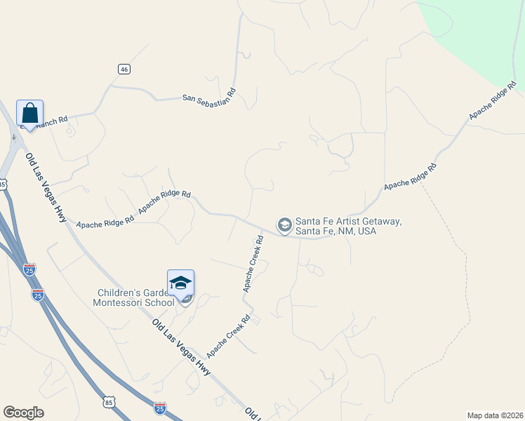 map of restaurants, bars, coffee shops, grocery stores, and more near 71 Apache Ridge Road in Santa Fe