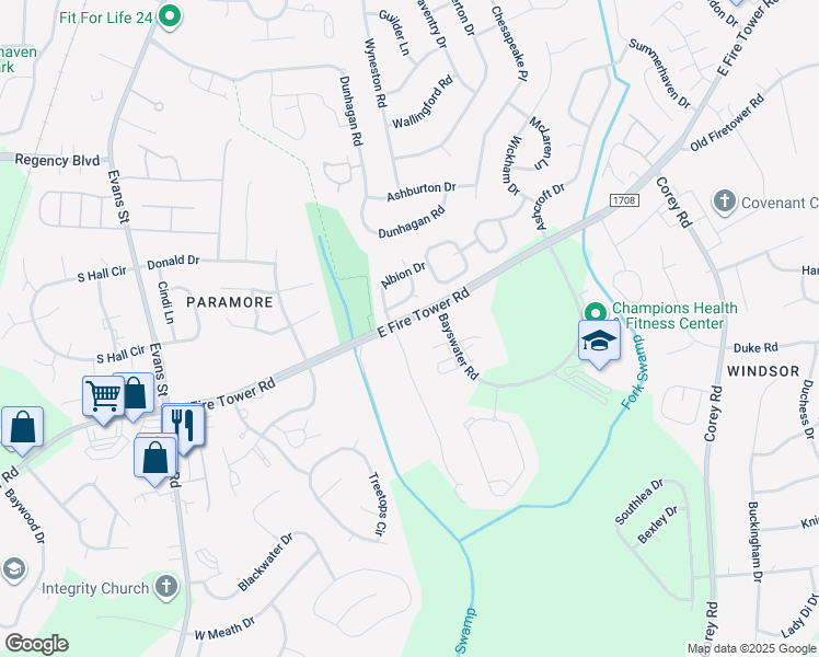 map of restaurants, bars, coffee shops, grocery stores, and more near 520 East Fire Tower Road in Winterville