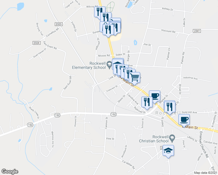 map of restaurants, bars, coffee shops, grocery stores, and more near 304 Crescent Street in Rockwell