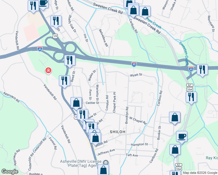 map of restaurants, bars, coffee shops, grocery stores, and more near 37 Chapel Park Road in Asheville