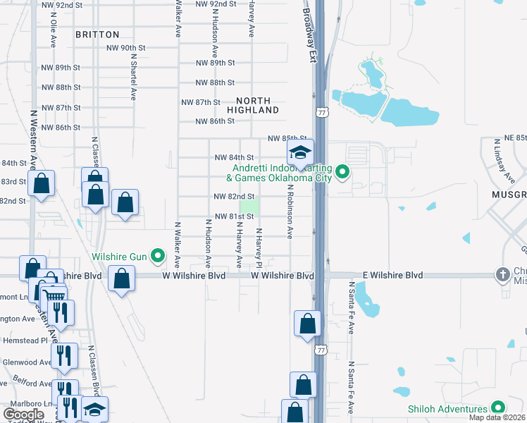 map of restaurants, bars, coffee shops, grocery stores, and more near 8212 North Harvey Place in Oklahoma City