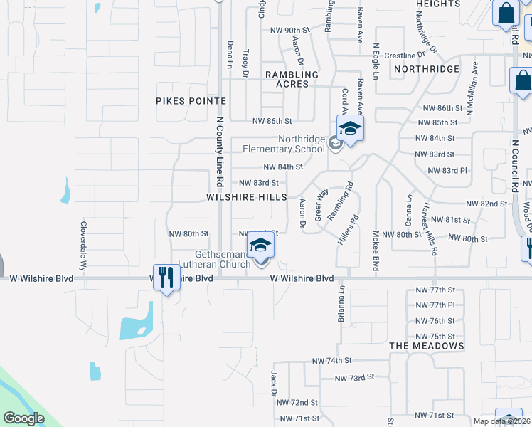 map of restaurants, bars, coffee shops, grocery stores, and more near 8217 Karla Lane in Oklahoma City