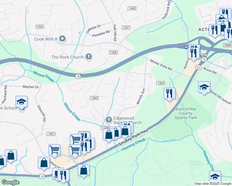 map of restaurants, bars, coffee shops, grocery stores, and more near 8 Mosers Place in Candler
