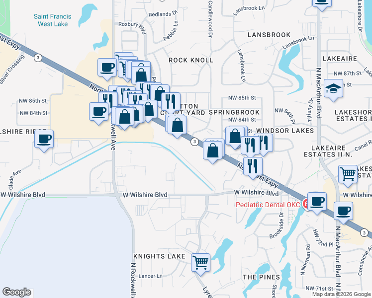 map of restaurants, bars, coffee shops, grocery stores, and more near 6600 Northwest Expressway in Oklahoma City