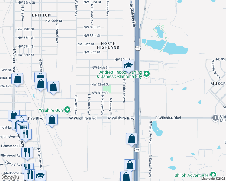 map of restaurants, bars, coffee shops, grocery stores, and more near 8212 North Harvey Place in Oklahoma City