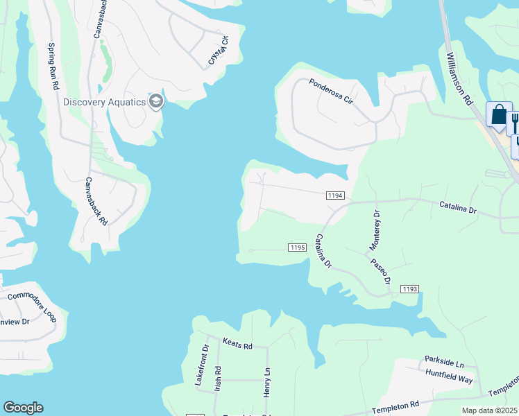 map of restaurants, bars, coffee shops, grocery stores, and more near Beach Lane in Mooresville