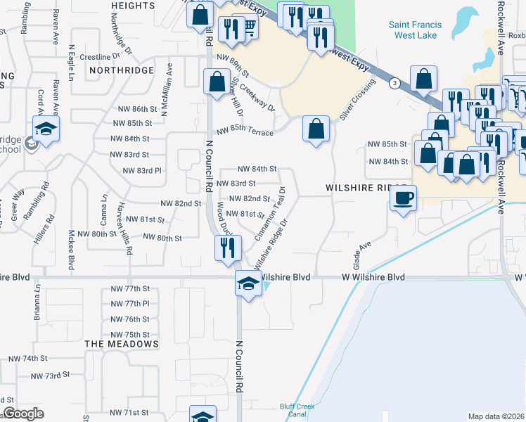 map of restaurants, bars, coffee shops, grocery stores, and more near 7805 Northwest 81st Street in Oklahoma City