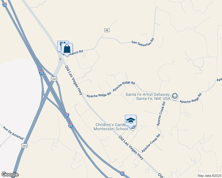 map of restaurants, bars, coffee shops, grocery stores, and more near 27 Apache Ridge Road in Santa Fe
