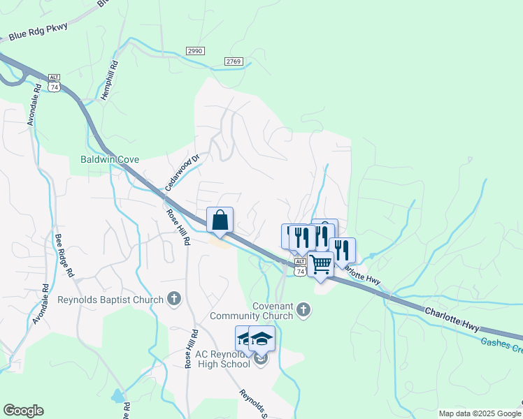 map of restaurants, bars, coffee shops, grocery stores, and more near 41 Winterwind Drive in Asheville