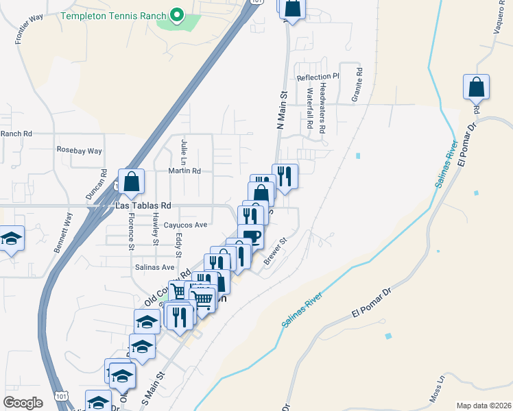map of restaurants, bars, coffee shops, grocery stores, and more near 42 Old County Road in Templeton