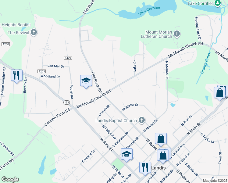 map of restaurants, bars, coffee shops, grocery stores, and more near 1335 Mount Moriah Church Road in China Grove