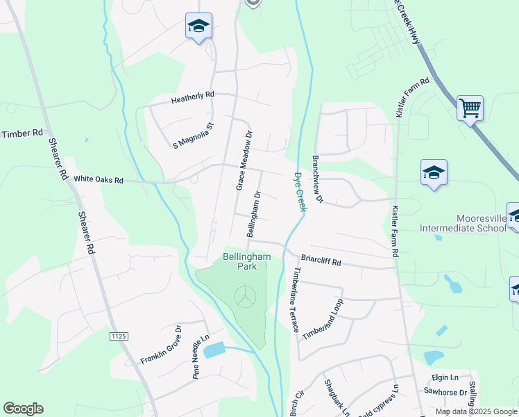 map of restaurants, bars, coffee shops, grocery stores, and more near 1322 Bellingham Drive in Mooresville