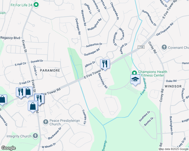 map of restaurants, bars, coffee shops, grocery stores, and more near 520 East Fire Tower Road in Winterville