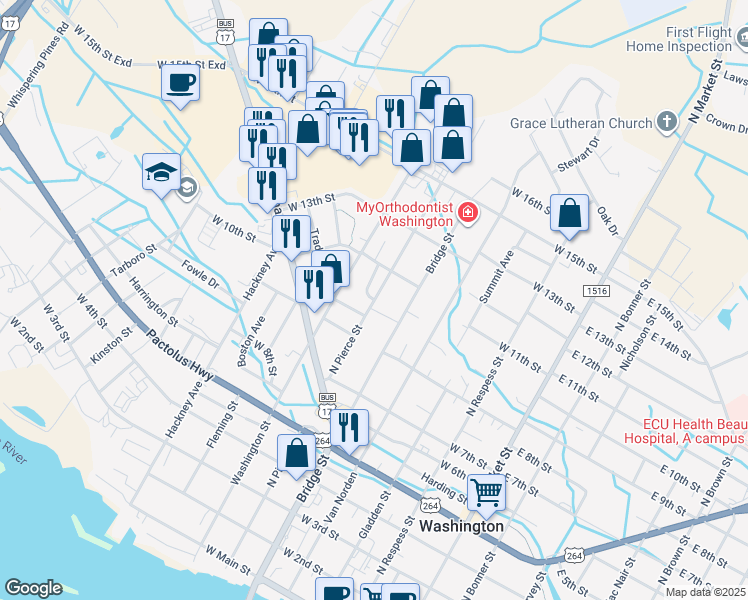 map of restaurants, bars, coffee shops, grocery stores, and more near 1000 Cox Boulevard in Washington