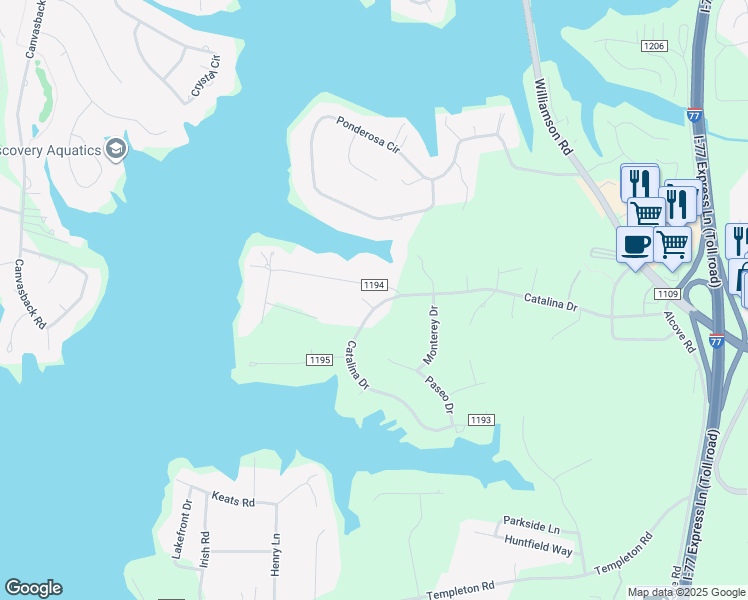 map of restaurants, bars, coffee shops, grocery stores, and more near 280 Catalina Drive in Mooresville