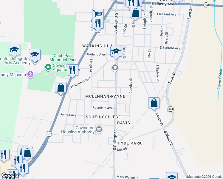 map of restaurants, bars, coffee shops, grocery stores, and more near 405 Lennanwood Avenue in Covington