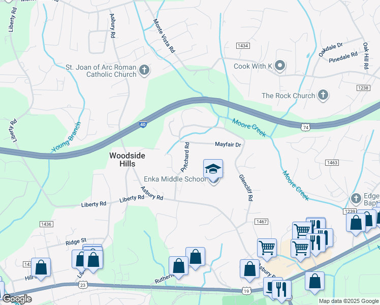 map of restaurants, bars, coffee shops, grocery stores, and more near 350 Pritchard Road in Candler