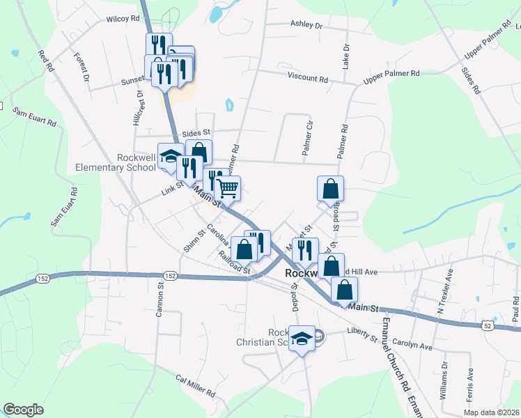 map of restaurants, bars, coffee shops, grocery stores, and more near 118 Fesperman Street in Rockwell