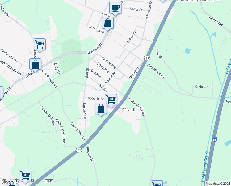 map of restaurants, bars, coffee shops, grocery stores, and more near 142b 2nd Avenue in China Grove