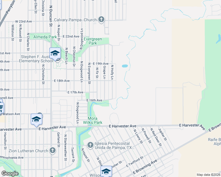 map of restaurants, bars, coffee shops, grocery stores, and more near 1711 North Holly Lane in Pampa