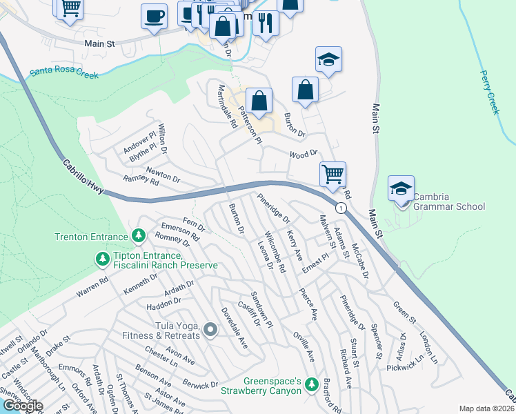 map of restaurants, bars, coffee shops, grocery stores, and more near 2568 Wilcombe Road in Cambria