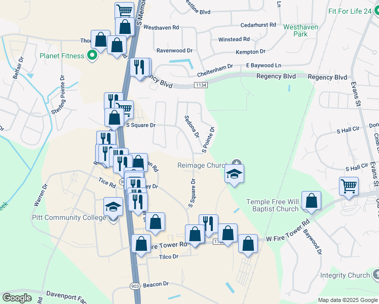 map of restaurants, bars, coffee shops, grocery stores, and more near 301 South Pointe Drive in Winterville