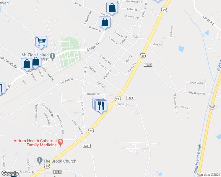 map of restaurants, bars, coffee shops, grocery stores, and more near 145 3rd Avenue in China Grove