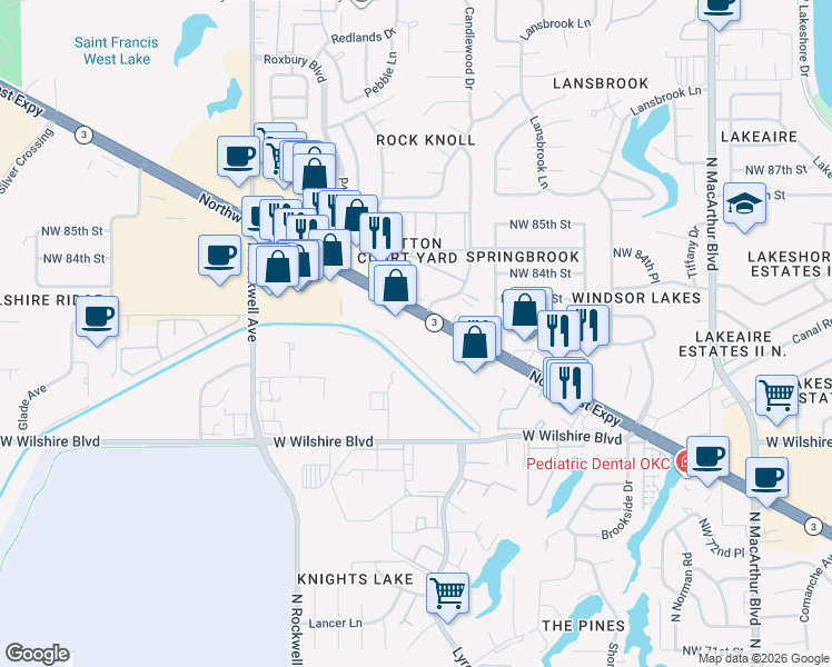 map of restaurants, bars, coffee shops, grocery stores, and more near 6600 Northwest Expressway in Oklahoma City