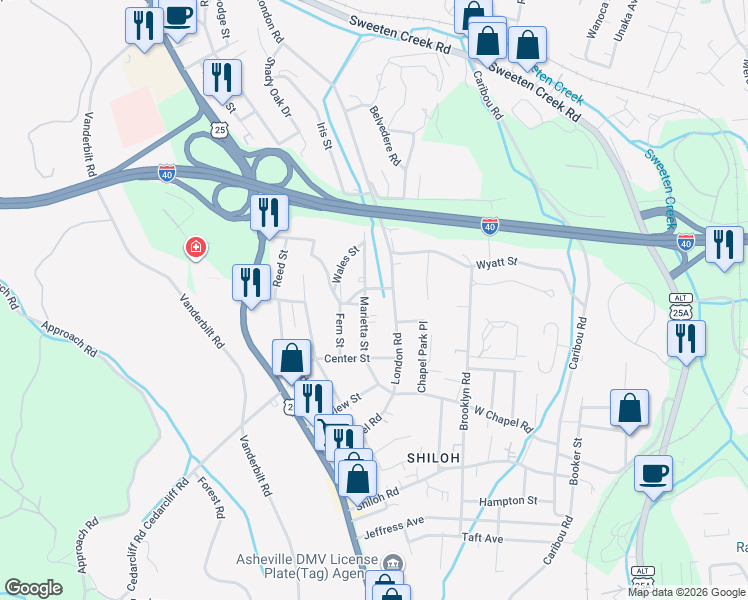 map of restaurants, bars, coffee shops, grocery stores, and more near 585 Marietta Street in Asheville