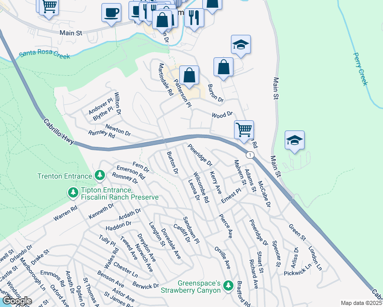 map of restaurants, bars, coffee shops, grocery stores, and more near 2541 Pierce Avenue in Cambria