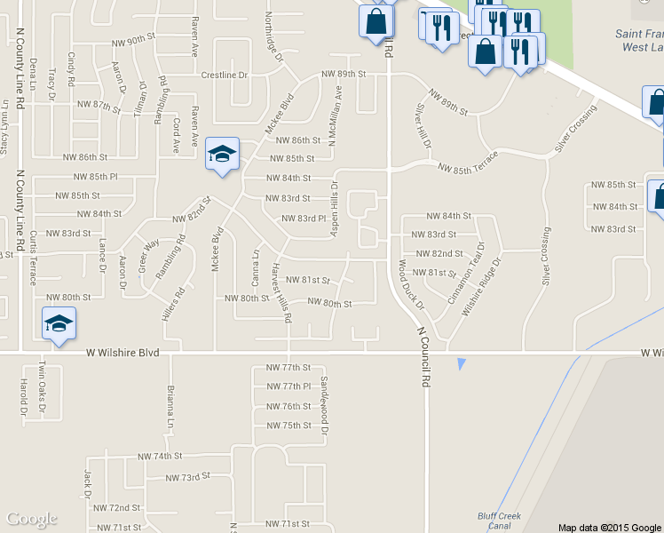 map of restaurants, bars, coffee shops, grocery stores, and more near 8108 Northwest 82nd Street in Oklahoma City