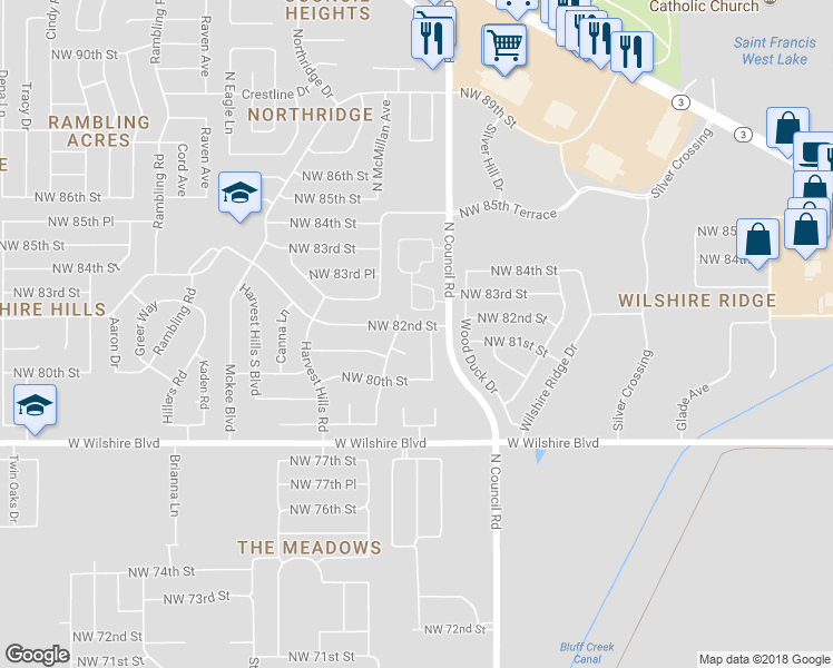 map of restaurants, bars, coffee shops, grocery stores, and more near 8014 Northwest 82nd Street in Oklahoma City
