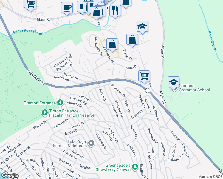 map of restaurants, bars, coffee shops, grocery stores, and more near 2568 Wilcombe Road in Cambria
