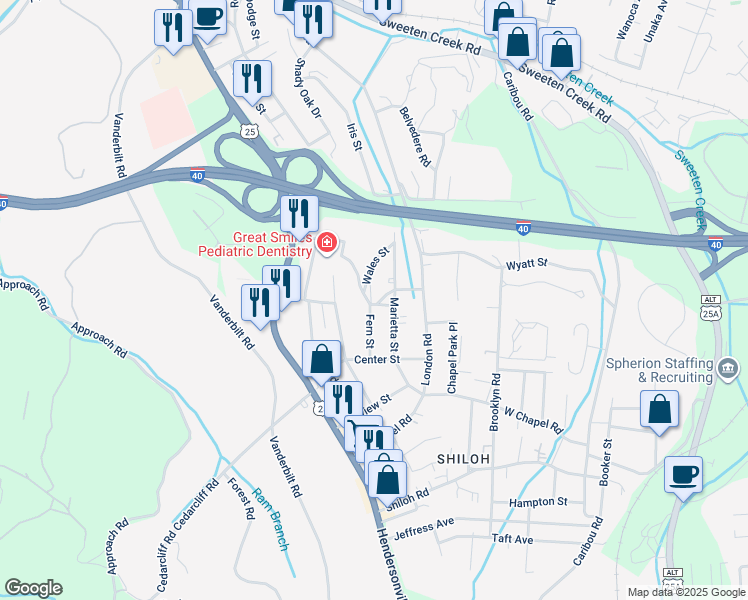 map of restaurants, bars, coffee shops, grocery stores, and more near 801 Academy St in Asheville