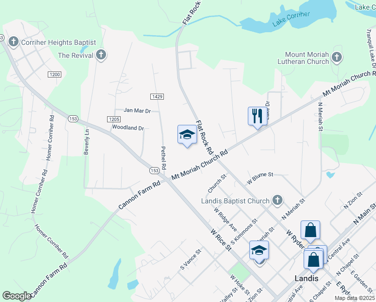 map of restaurants, bars, coffee shops, grocery stores, and more near 801 West Ryder Avenue in Landis