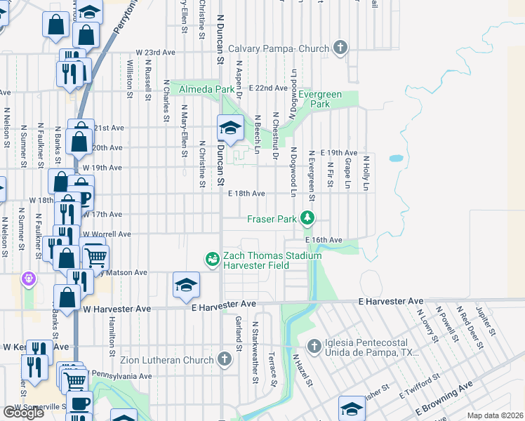 map of restaurants, bars, coffee shops, grocery stores, and more near 1710 North Beech Lane in Pampa