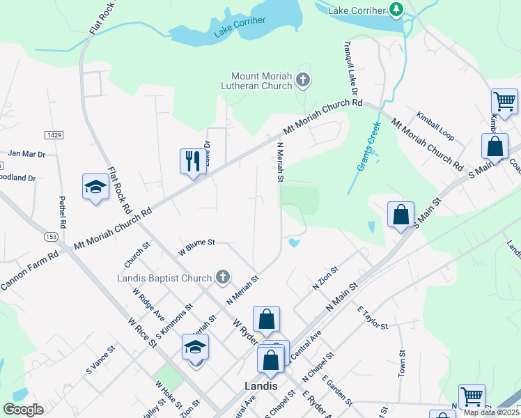 map of restaurants, bars, coffee shops, grocery stores, and more near 406 North Kimmons Street in Landis