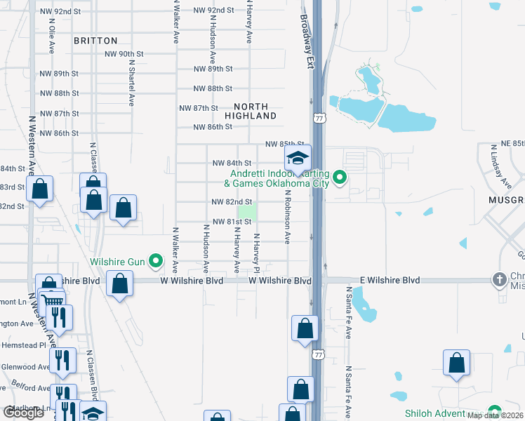 map of restaurants, bars, coffee shops, grocery stores, and more near 8212 North Harvey Place in Oklahoma City