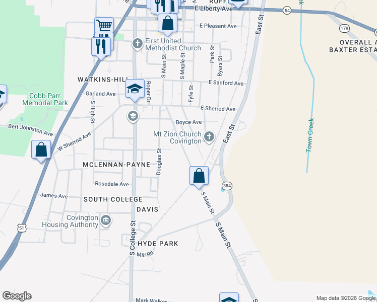 map of restaurants, bars, coffee shops, grocery stores, and more near 920 South Main Street in Covington