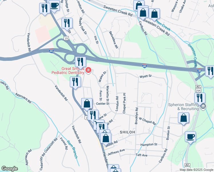 map of restaurants, bars, coffee shops, grocery stores, and more near 801 Academy Street in Asheville