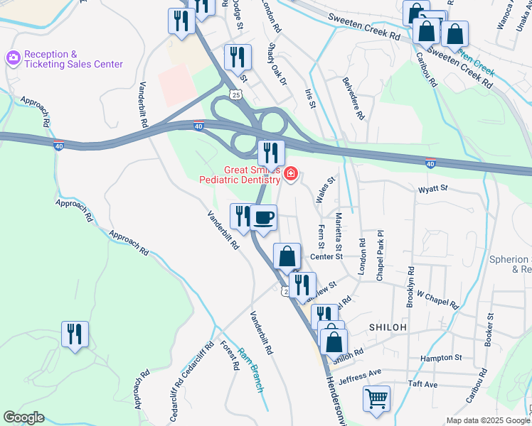 map of restaurants, bars, coffee shops, grocery stores, and more near 121B Academy Street in Asheville